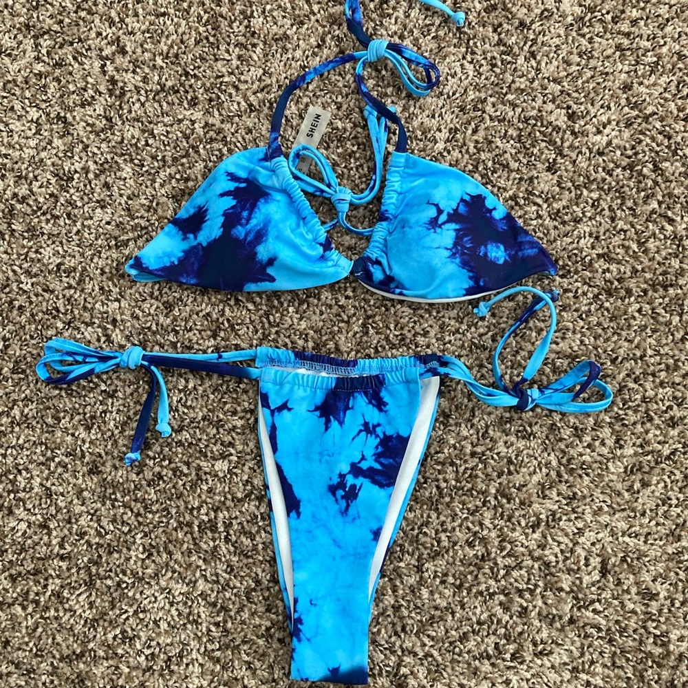 Two piece bikini tie dye blue.